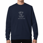 Navy crewneck sweatshirt worn by model with 'sibling team' quote on the chest