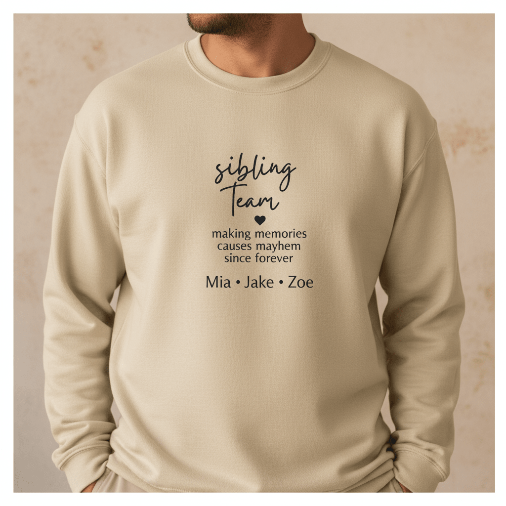 Sand crewneck sweatshirt worn by model with 'sibling team' quote on the chest