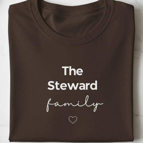 Dark brown personalised family T-shirt with “The Steward” text and small heart