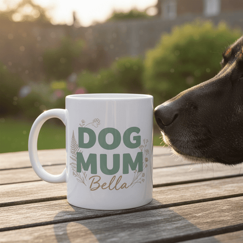White ceramic mug with green 'DOG MUM' and name Bella, floral vine and paw icon.