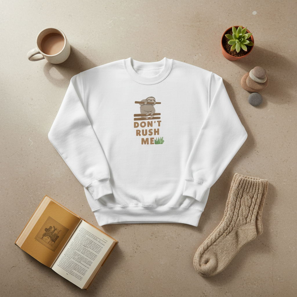 Don't Rush Me Sloth Sweatshirt Flat Lay
