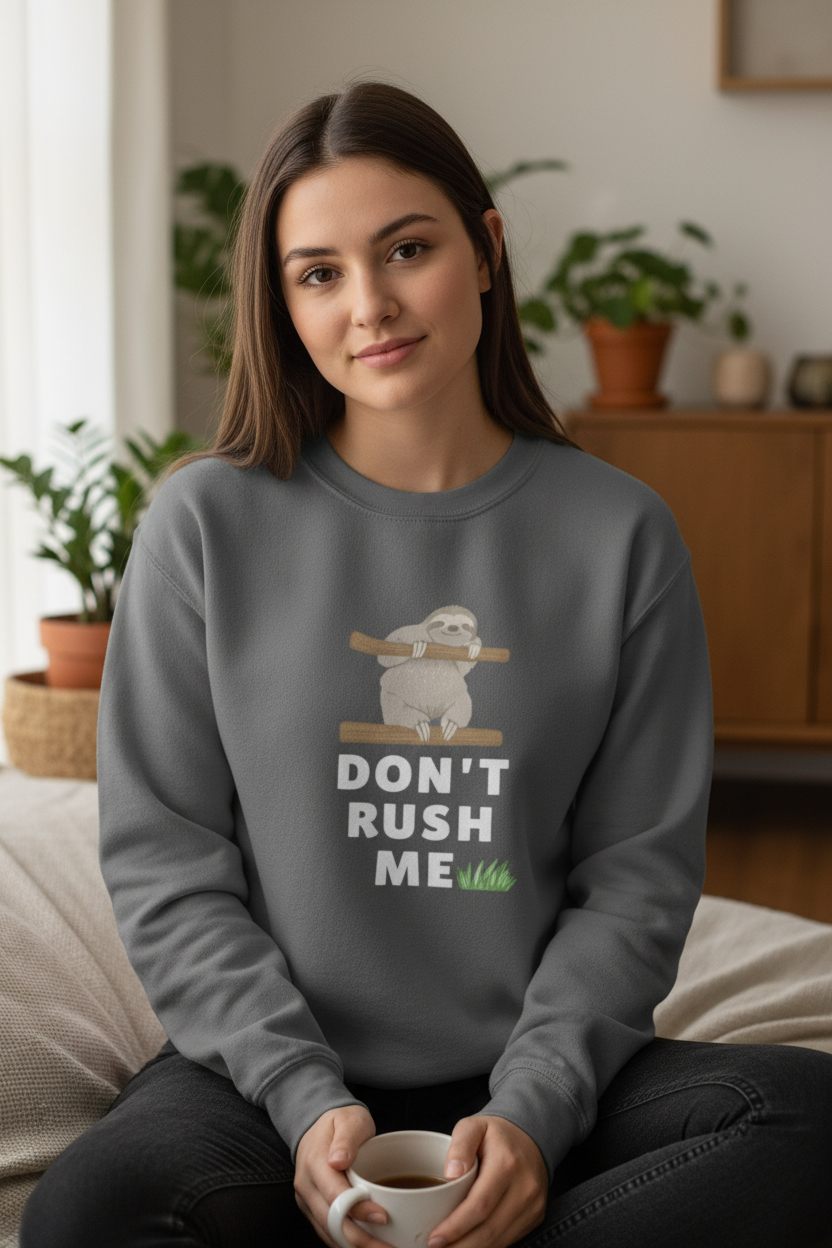 Don't Rush Me Sloth Sweatshirt on Young Woman