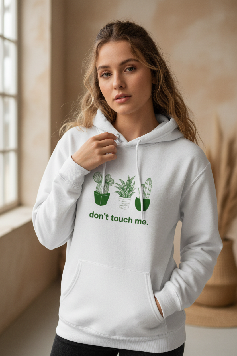 White hoodie with green cactus print and "don't touch me." text; drawstring hood