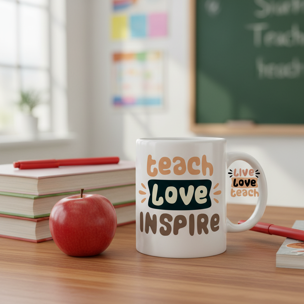 White teacher coffee mug with "teach love inspire" print and side handle