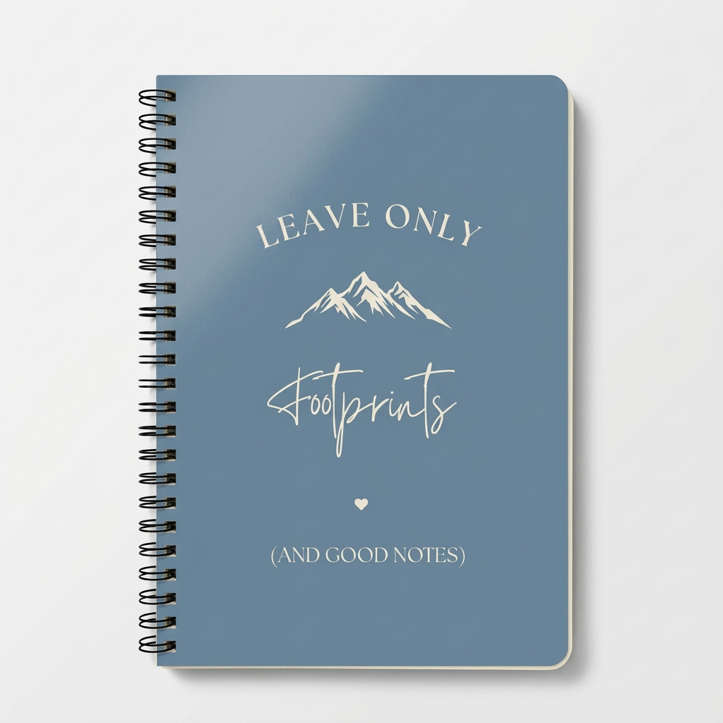 A5 hiking notebook, blue cover with mountain and footprint lettering