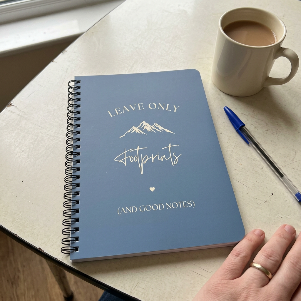 A5 hiking notebook with blue cover, spiral binding, footprints and mountain graphic