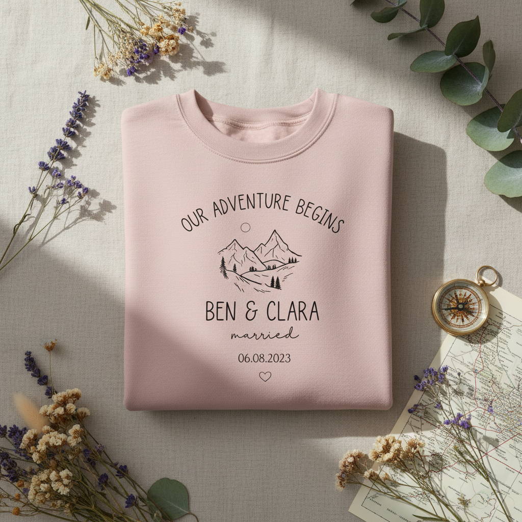 Dusty pink sweatshirt flat lay with compass and map