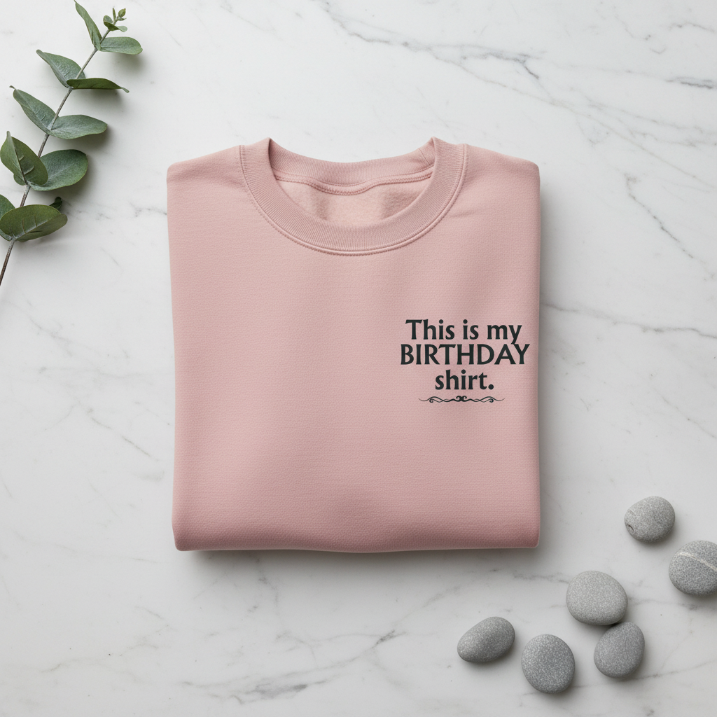 Dusty pink crewneck birthday shirt with “This is my BIRTHDAY shirt” print.