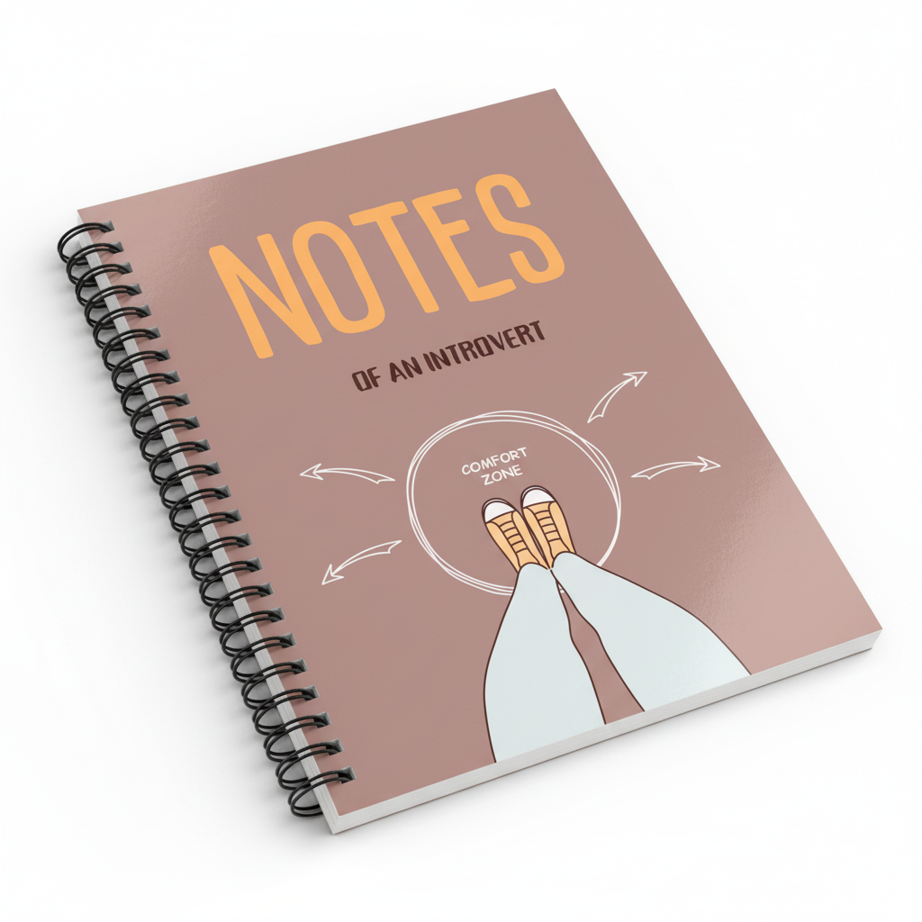 Spiral notebook cover with 'NOTES' lettering and comfort zone hand illustration