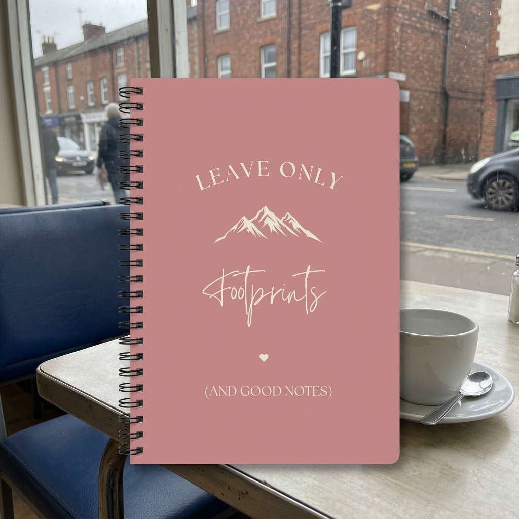 A5 hiking notebook with rose-pink cover, spiral binding, footprints and mountain design
