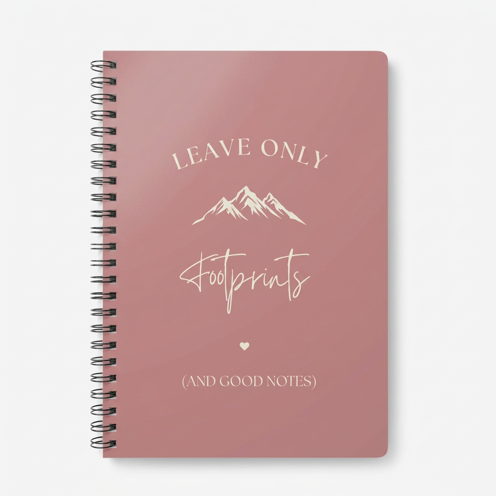 A5 hiking notebook, dusty rose cover with mountain and footprint text