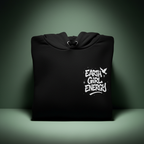 Black hoodie with hood and front Earth Girl Energy logo graphic