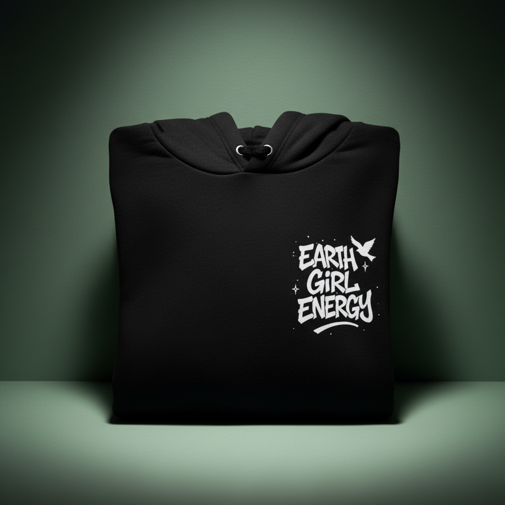Black hoodie with hood and front Earth Girl Energy logo graphic