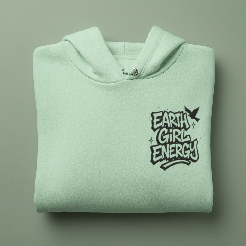 Mint green hoodie with hood and front Earth Girl Energy graphic