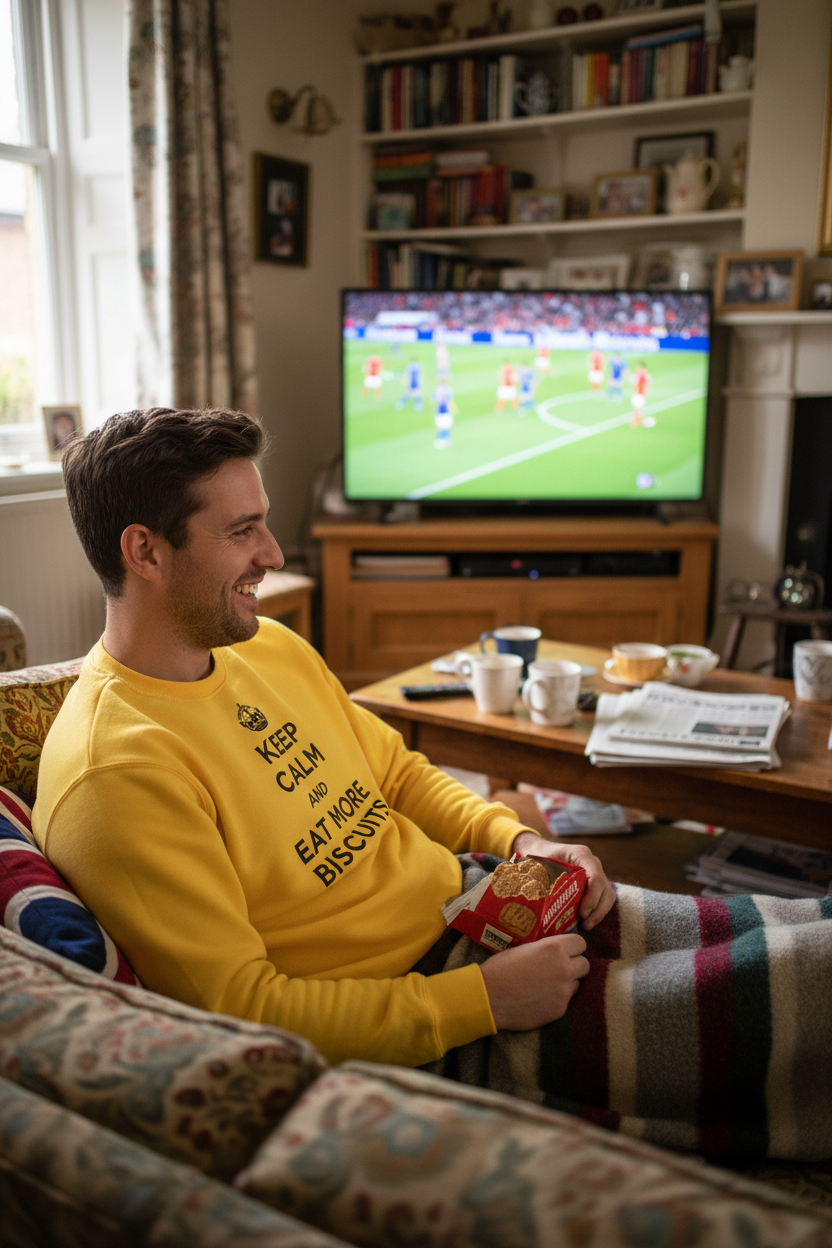 Yellow sweatshirt with 'KEEP CALM AND EAT MORE BISCUITS' quote text on the chest