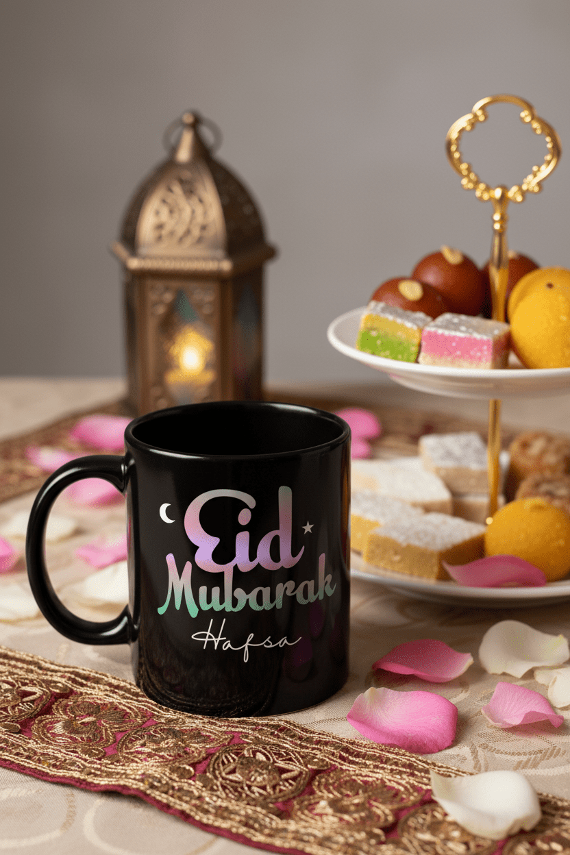 Black mug with 'Eid Mubarak' lettering and custom name, side view.