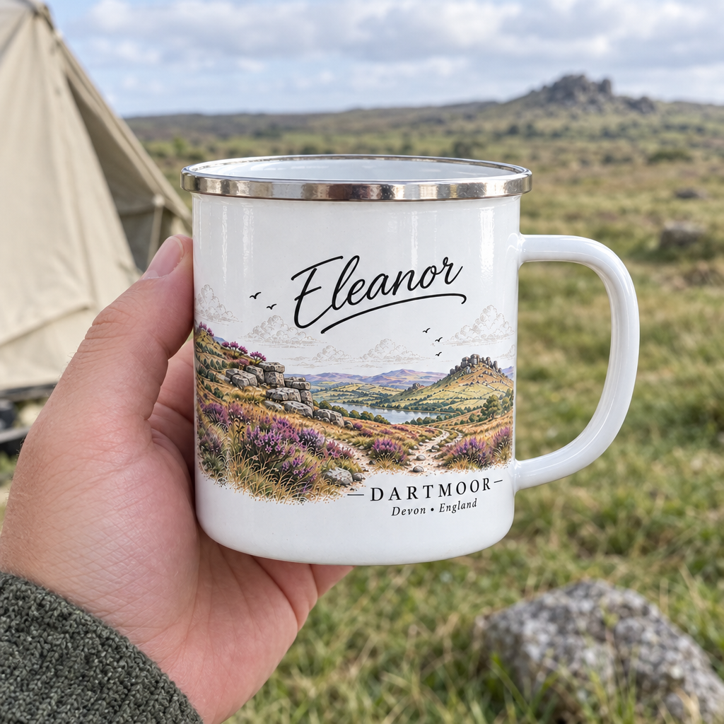 Personalised enamel camping mug, white with Dartmoor landscape and name Eleanor