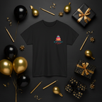 Black birthday cake graphic T-shirt with small “Birthday Mum” logo