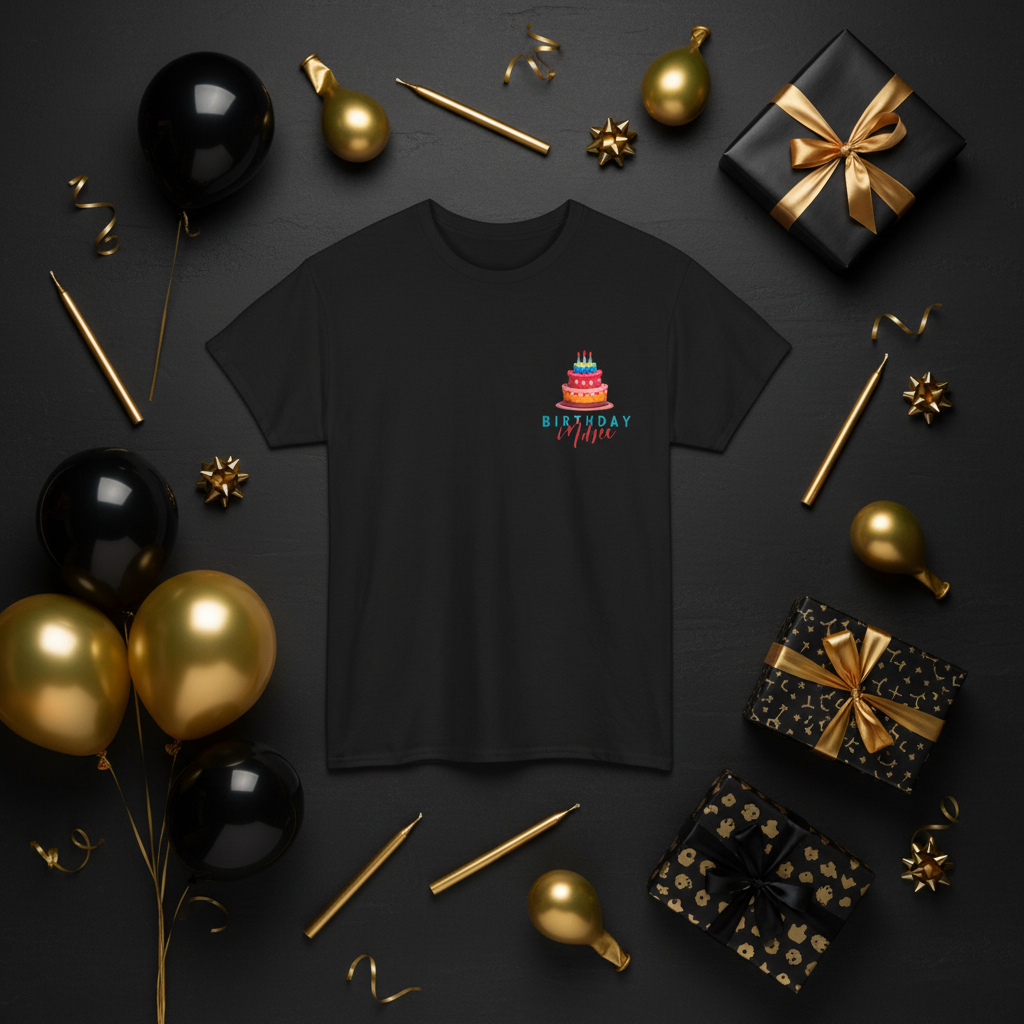 Black birthday cake graphic T-shirt with small “Birthday Mum” logo