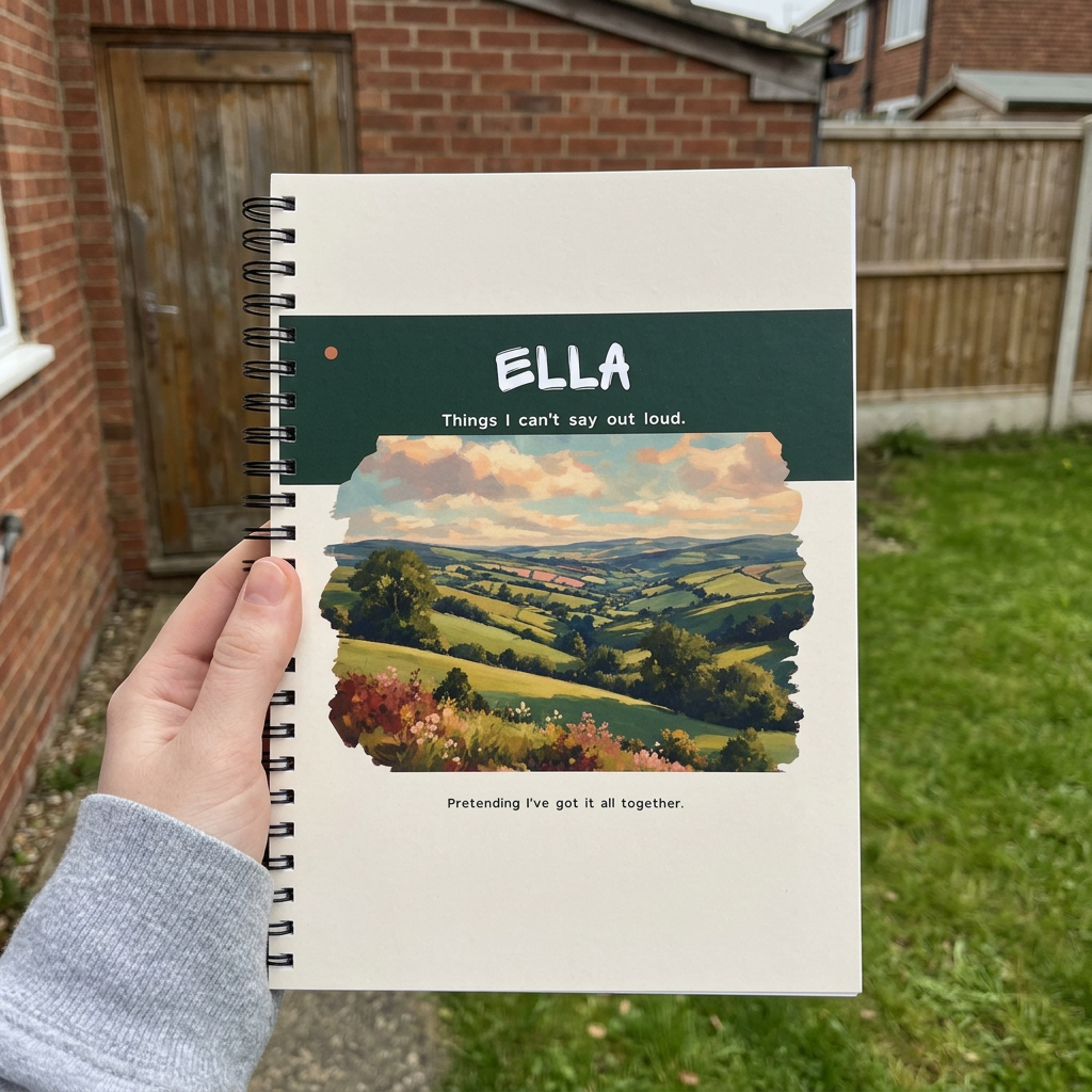 Ella notebook held at a British garden doorstep