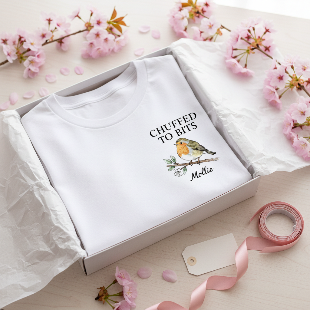 Personalised white T-shirt with bird graphic and custom name 'Mollie' on chest