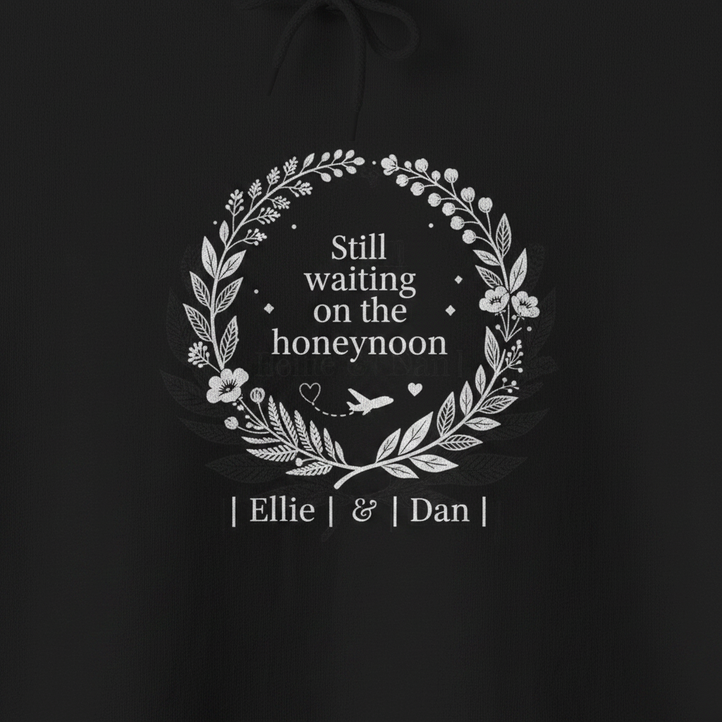 Black hoodie print: 'Still waiting on the honeymoon' wreath with 'Ellie' & 'Dan' names