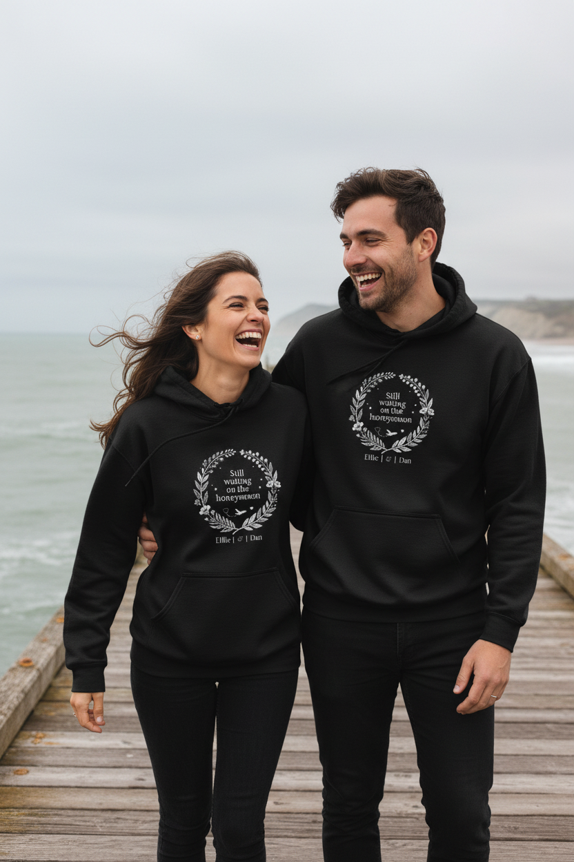 Black couples hoodies with 'Still waiting on the honeymoon' wreath design, front view