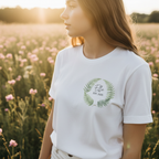 White T-shirt with green fern wreath chest print, 'Ellie' EST. 2026
