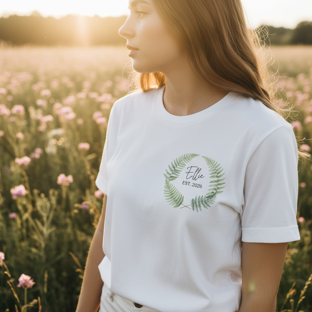White T-shirt with green fern wreath chest print, 'Ellie' EST. 2026