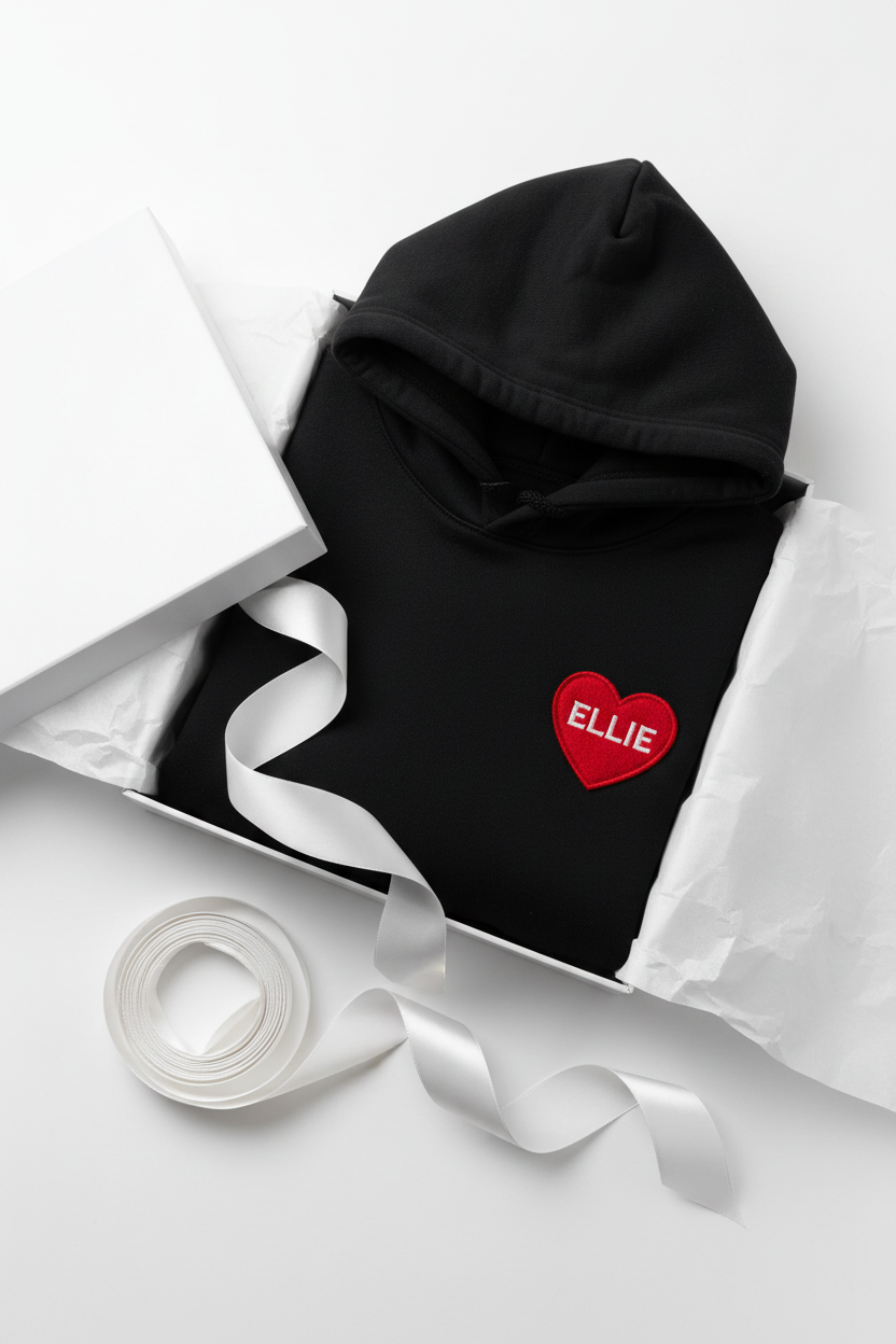 Black hoodie with red heart name patch 'ELLIE' on the chest