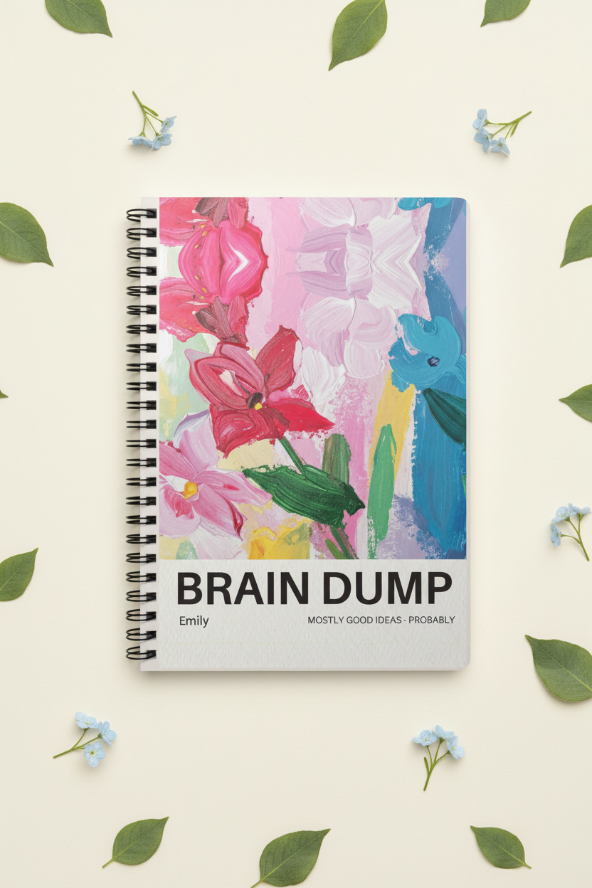 A5 spiral notebook, front cover with colorful floral artwork and black spiral binding