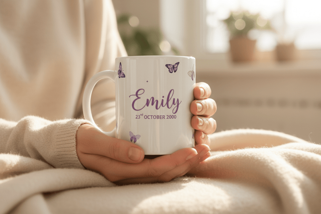 White ceramic butterfly mug with purple butterflies, name Emily and date text