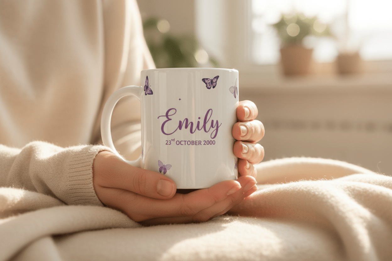 White ceramic butterfly mug with purple butterflies, name Emily and date text