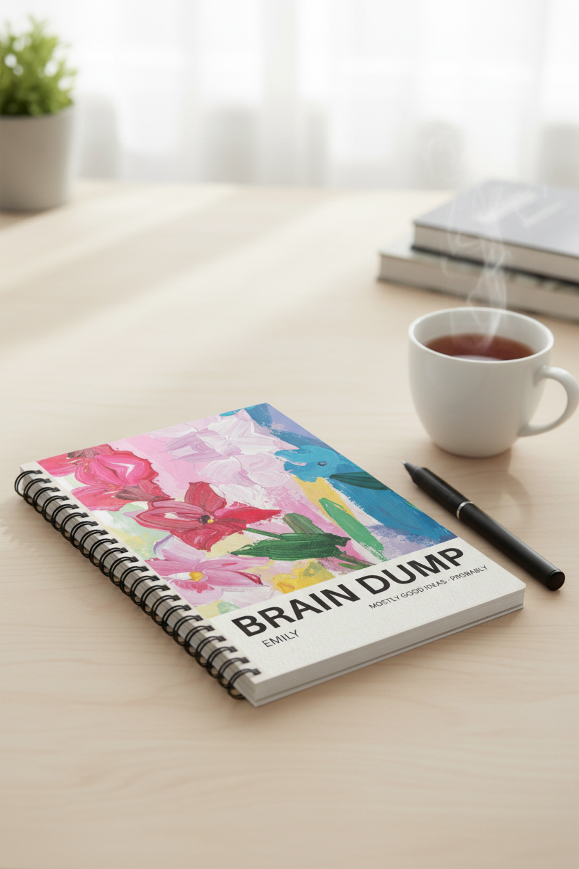 A5 lined spiral notebook on a desk, colorful floral cover with black rings