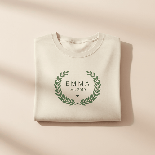 Cream personalized name T-shirt with green floral wreath monogram reading “EMMA est. 2019”