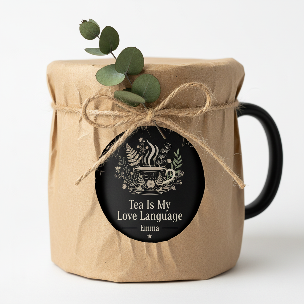 Wrapped gift bag with black mug label reading “Tea Is My Love Language” and name Emma