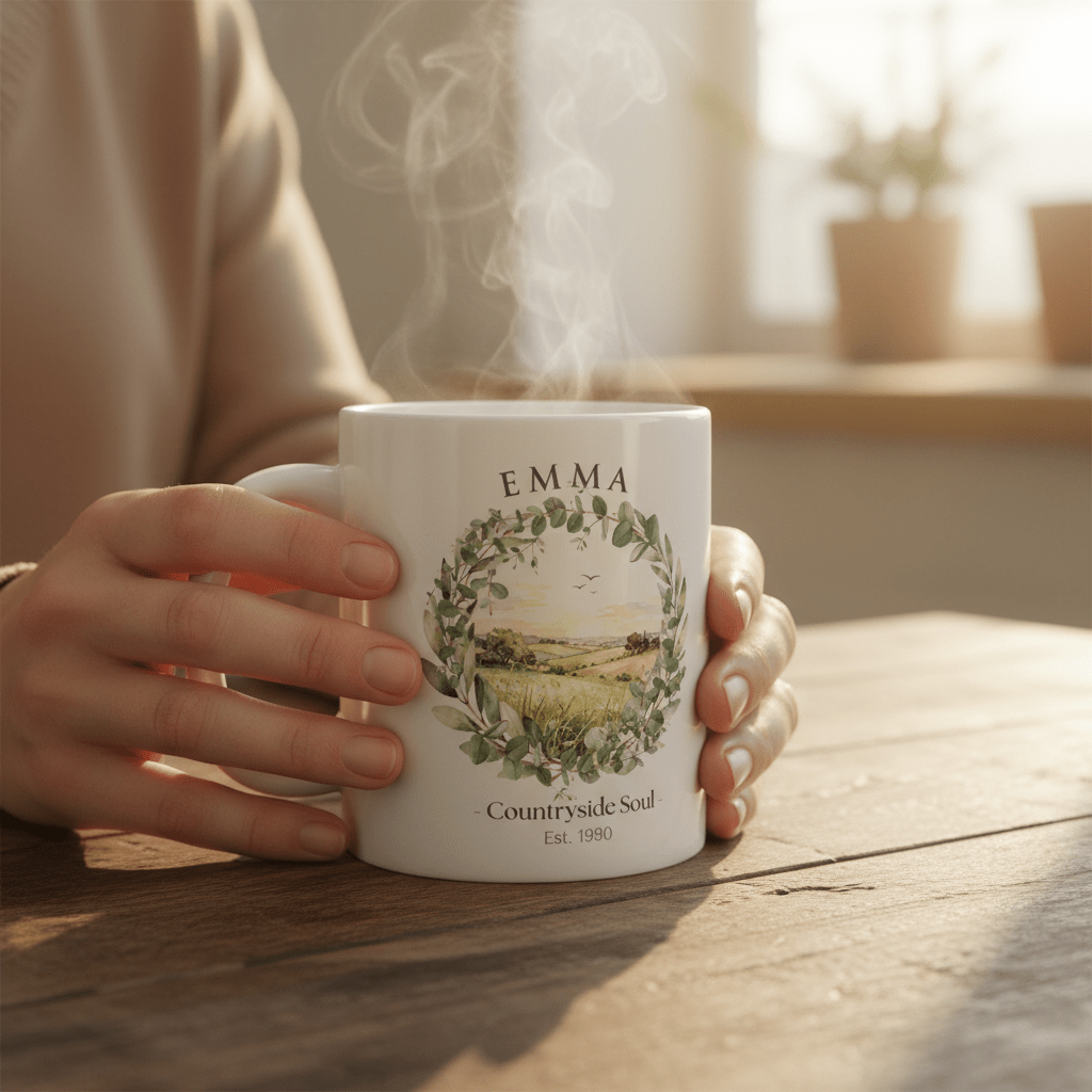 White ceramic coffee mug held in hand, countryside wreath print and name "EMMA"