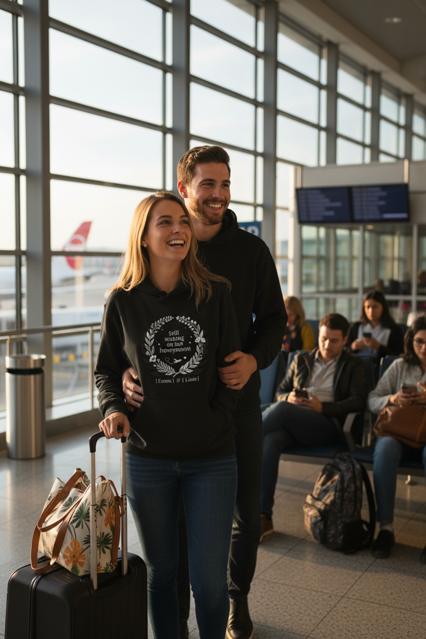 Couple wearing matching black personalised couples hoodies with front honeymoon wreath