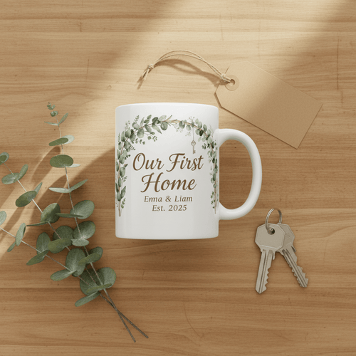 White “Our First Home” mug with botanical wreath, names, and “Est. 2025” tied with tag