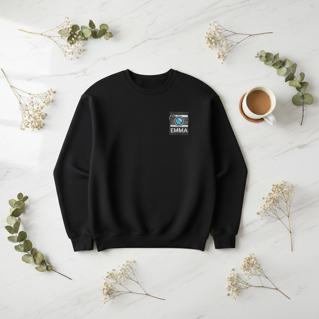 Black sweatshirt with embroidered camera patch and EMMA name