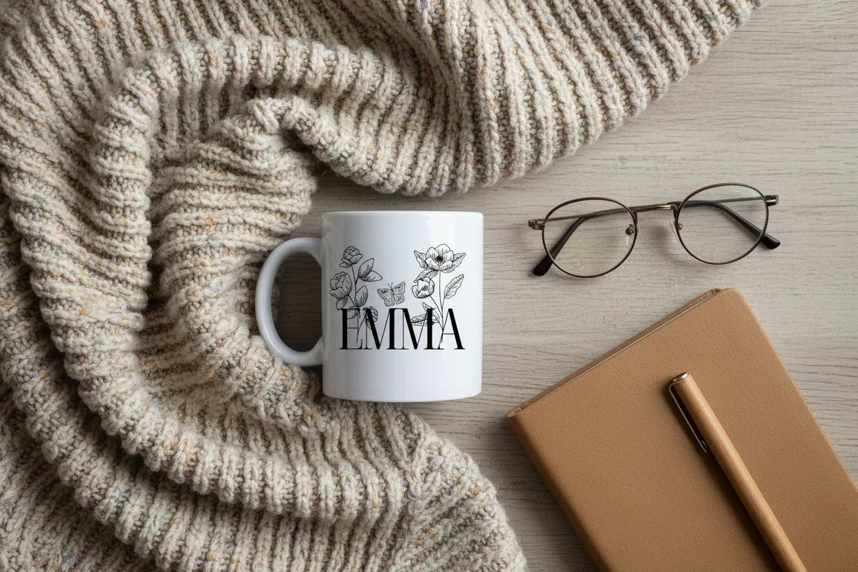 Personalised Floral Mug | Custom Name & Year Ceramic Coffee Cup | Mama, Nana, Grandma Gift - AlleyCrafters