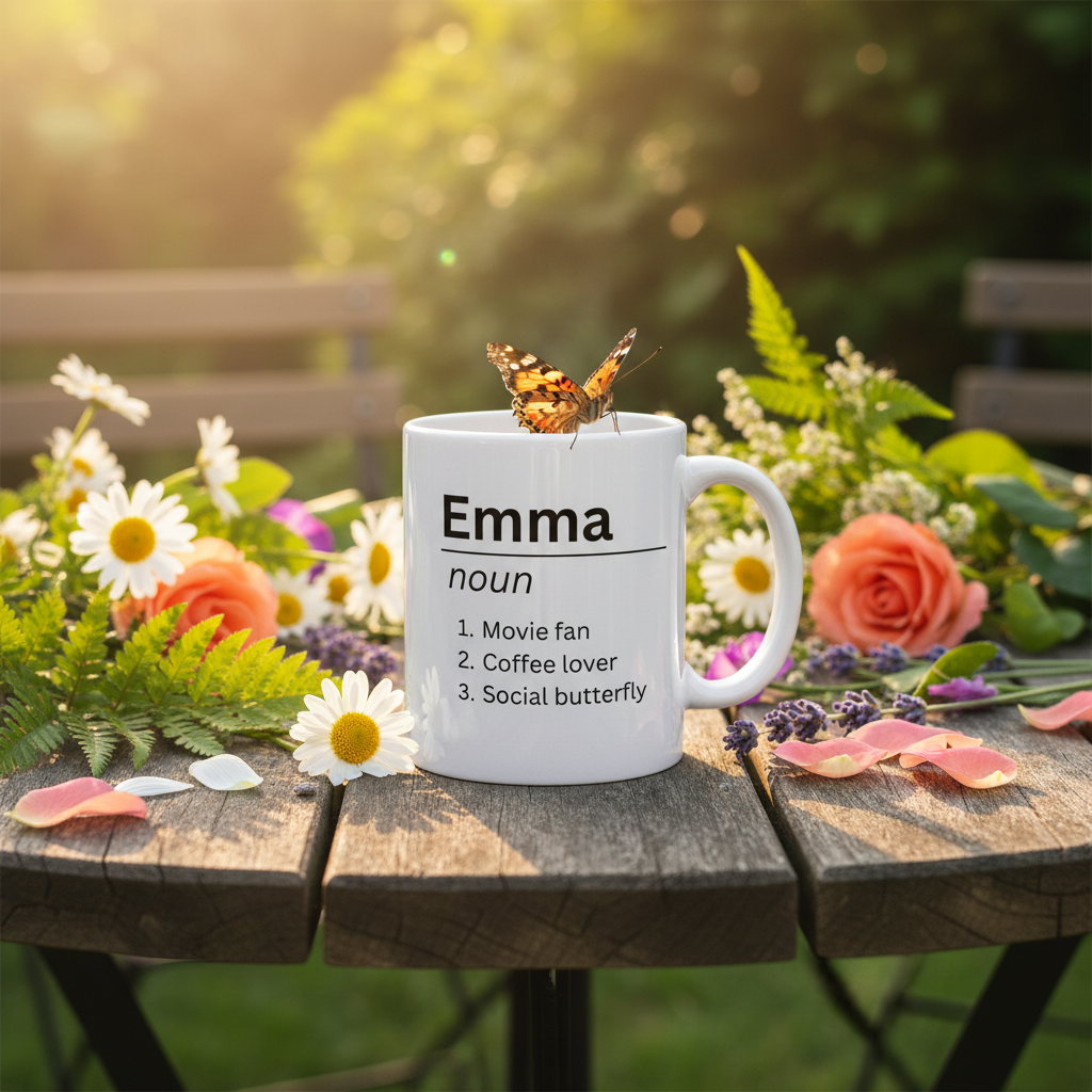 White mug with Emma noun definition text and butterfly perched on rim