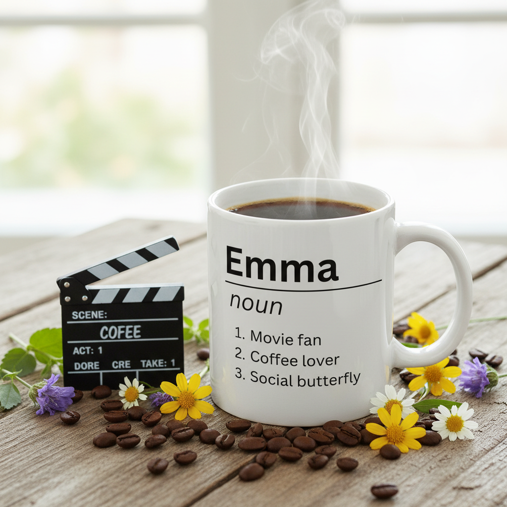 White mug with Emma noun definition text and list; coffee inside, rising steam