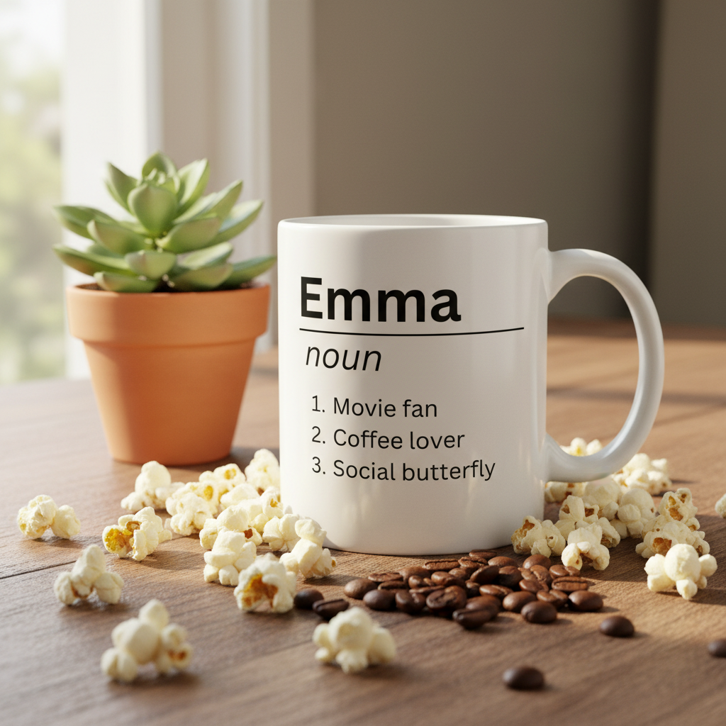 White mug with Emma noun definition text and list: Movie fan, Coffee lover, Social butterfly