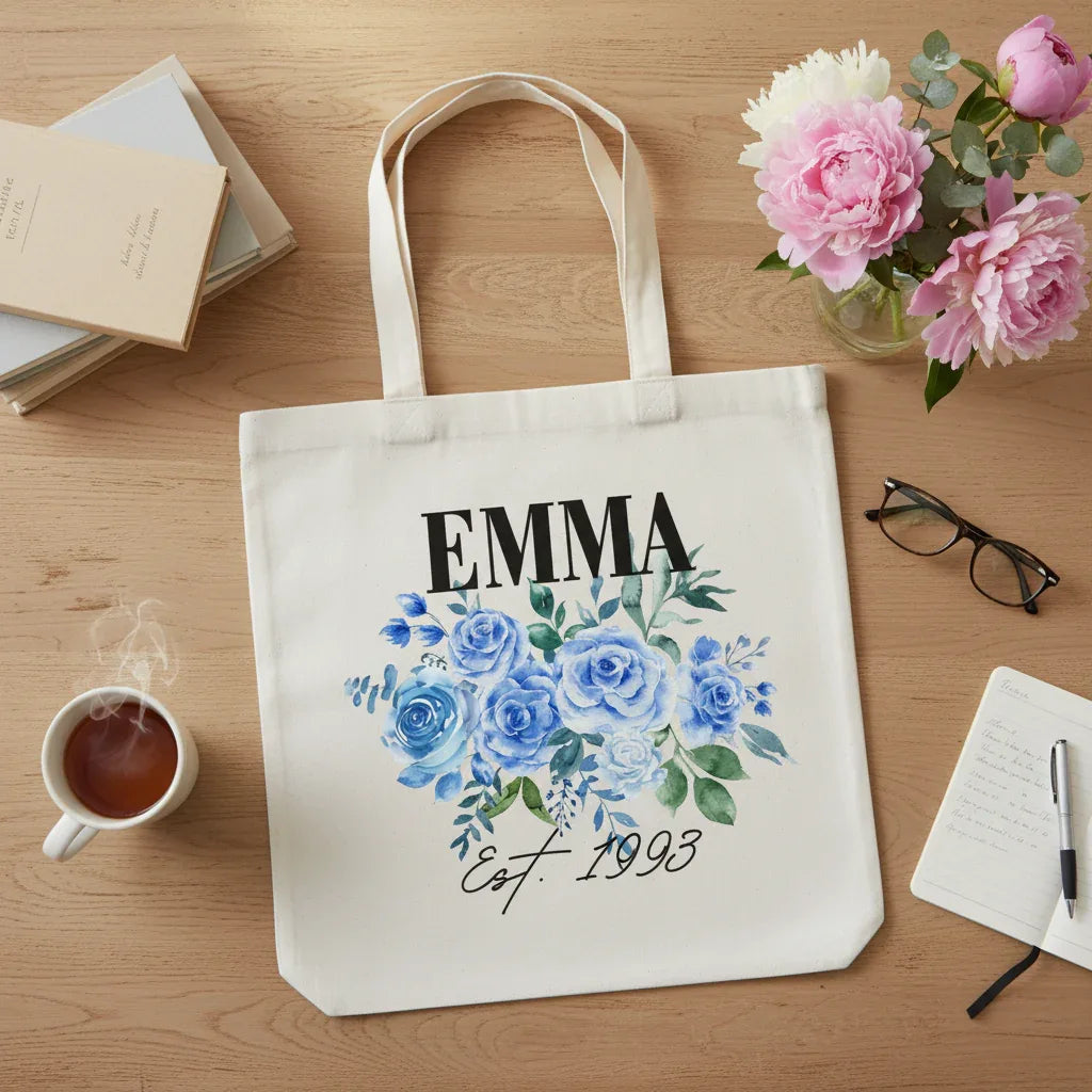Personalised Floral Tote Bag | Custom Name, Text & Date | Choose Rose Colours | Eco Gift - Alley Crafters