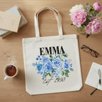 Personalised Floral Tote Bag | Custom Name, Text & Date | Choose Rose Colours | Eco Gift - Alley Crafters