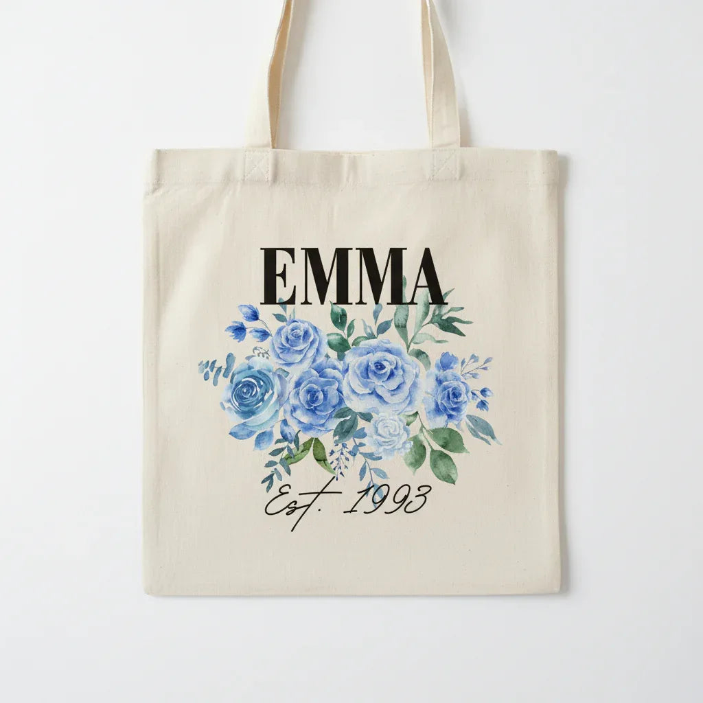 Personalised Floral Tote Bag | Custom Name, Text & Date | Choose Rose Colours | Eco Gift - Alley Crafters
