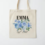 Personalised Floral Tote Bag | Custom Name, Text & Date | Choose Rose Colours | Eco Gift - Alley Crafters