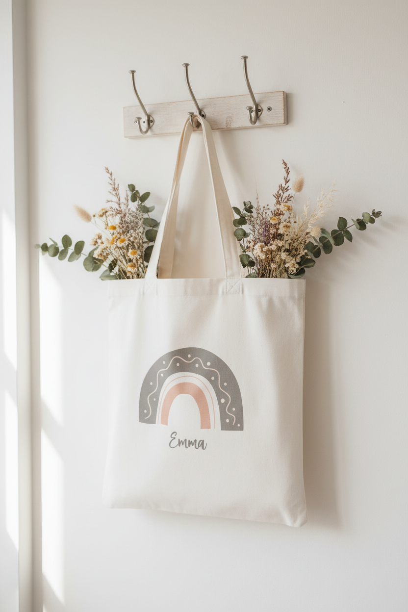 White tote bag with rainbow arch graphic and name Emma