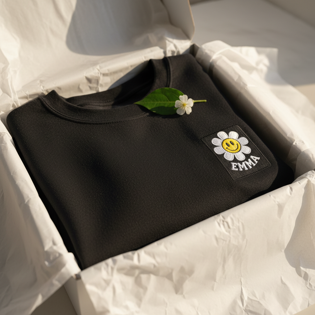 Black sweatshirt with embroidered flower smile patch reading EMME on the chest, in a box